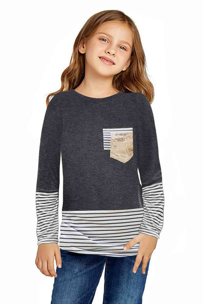 Girls Striped Color Block Sequin Pocket Top