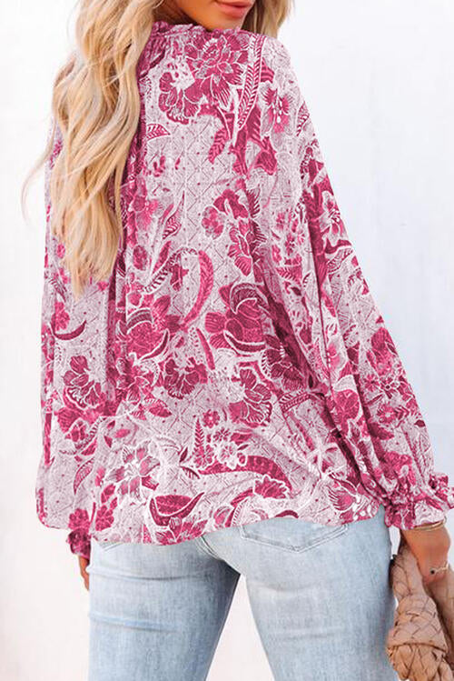 Floral Tie Neck Flounce Sleeve Blouse