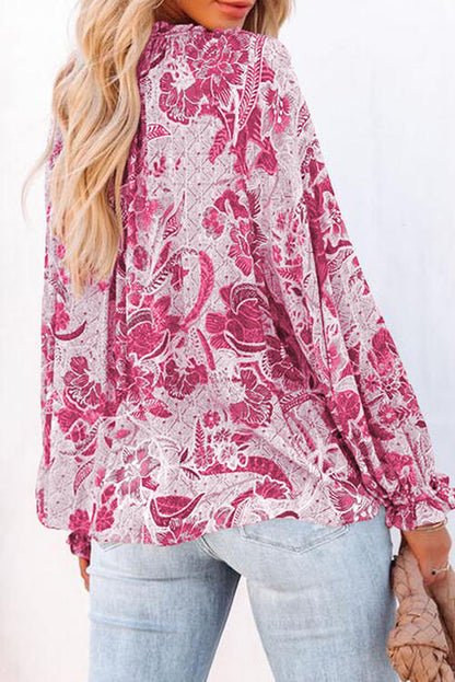 Floral Tie Neck Flounce Sleeve Blouse