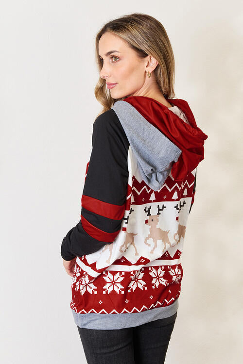 Double Take Full Size Christmas Drawstring Long Sleeve Hoodie - Create the impossible