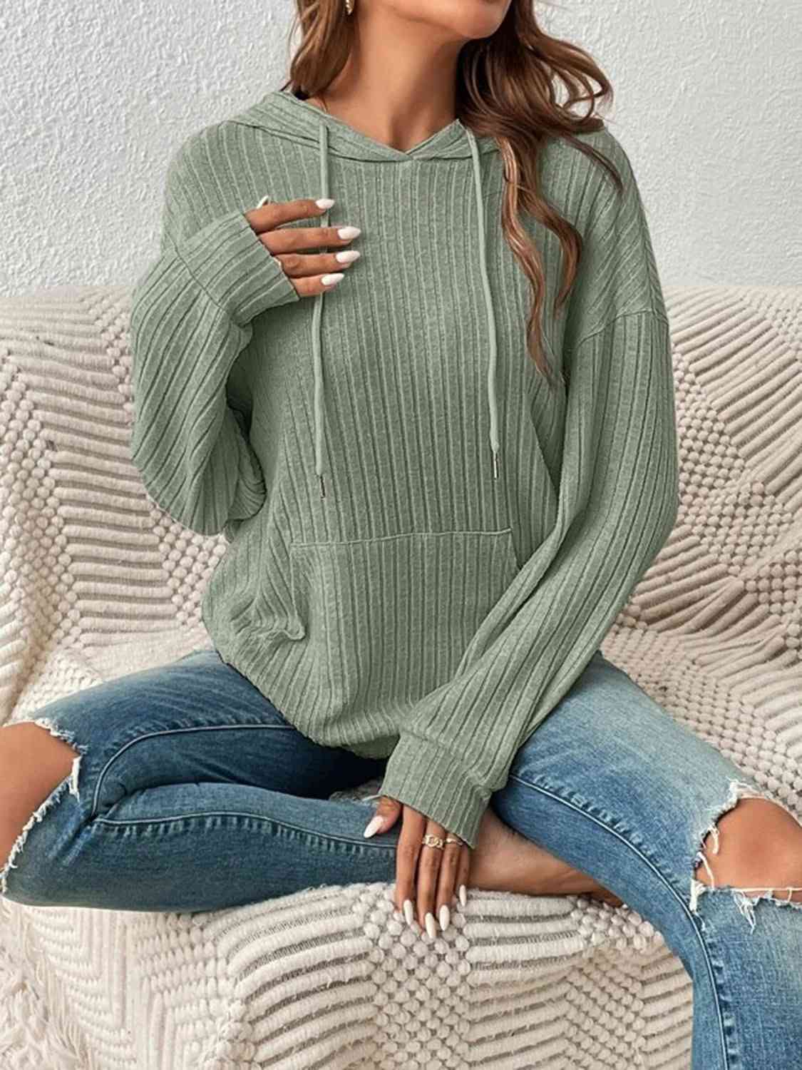 Ribbed Dropped Shoulder Drawstring Hoodie - Create the impossible