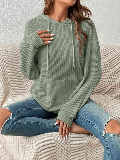 Ribbed Dropped Shoulder Drawstring Hoodie - Create the impossible