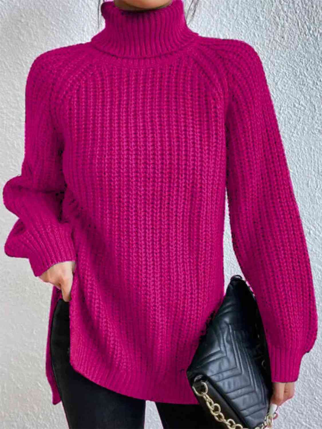 Full Size Turtleneck Rib-Knit Slit Sweater - Create the impossible