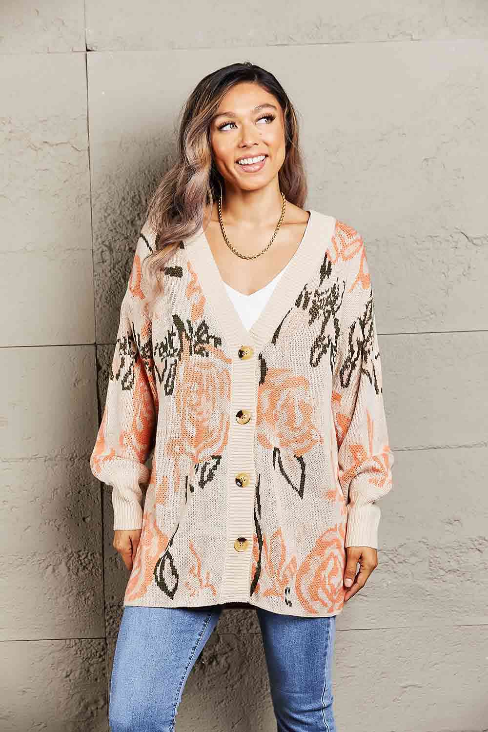 Woven Right Floral Pattern Ribbed Trim Cardigan