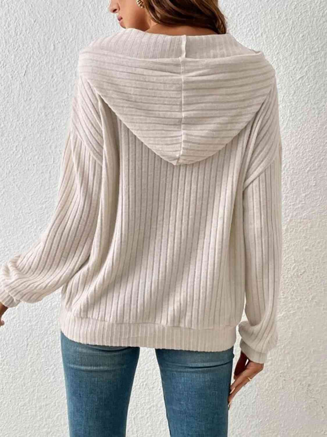 Ribbed Dropped Shoulder Drawstring Hoodie - Create the impossible