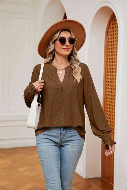 Notched Neck Flounce Sleeve Blouse