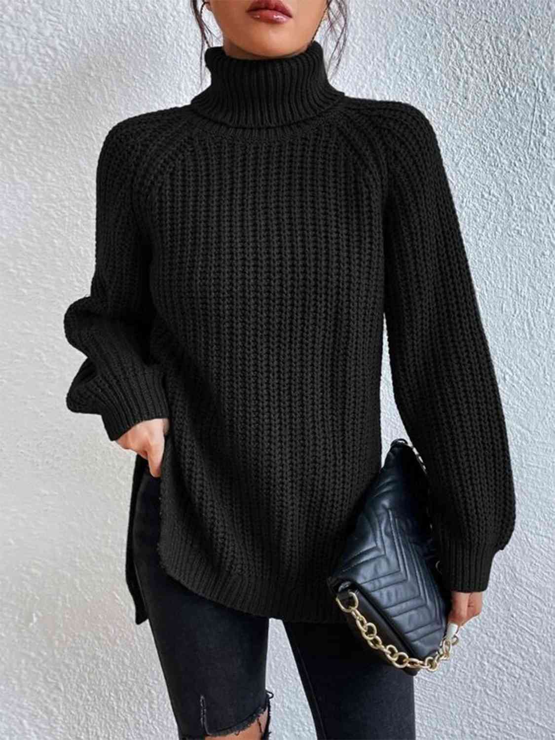 Full Size Turtleneck Rib-Knit Slit Sweater - Create the impossible