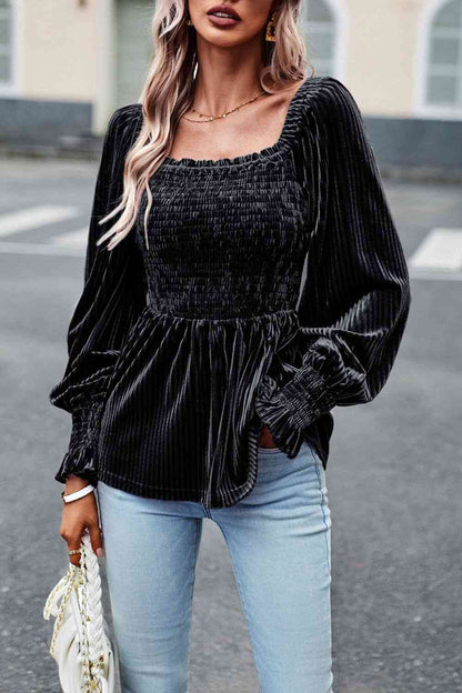 Smocked Square Neck Long Sleeve Blouse - Create the impossible