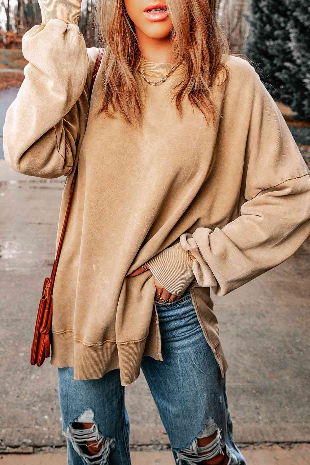 Dropped Shoulder Round Neck Long Sleeve Blouse - Create the impossible