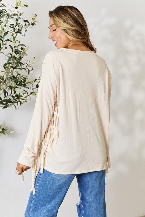 Celeste Full Size Fringe Detail Long Sleeve Blouse - Create the impossible