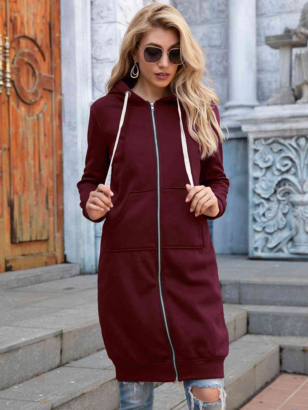 Zip-Up Longline Hoodie with Pockets - Create the impossible