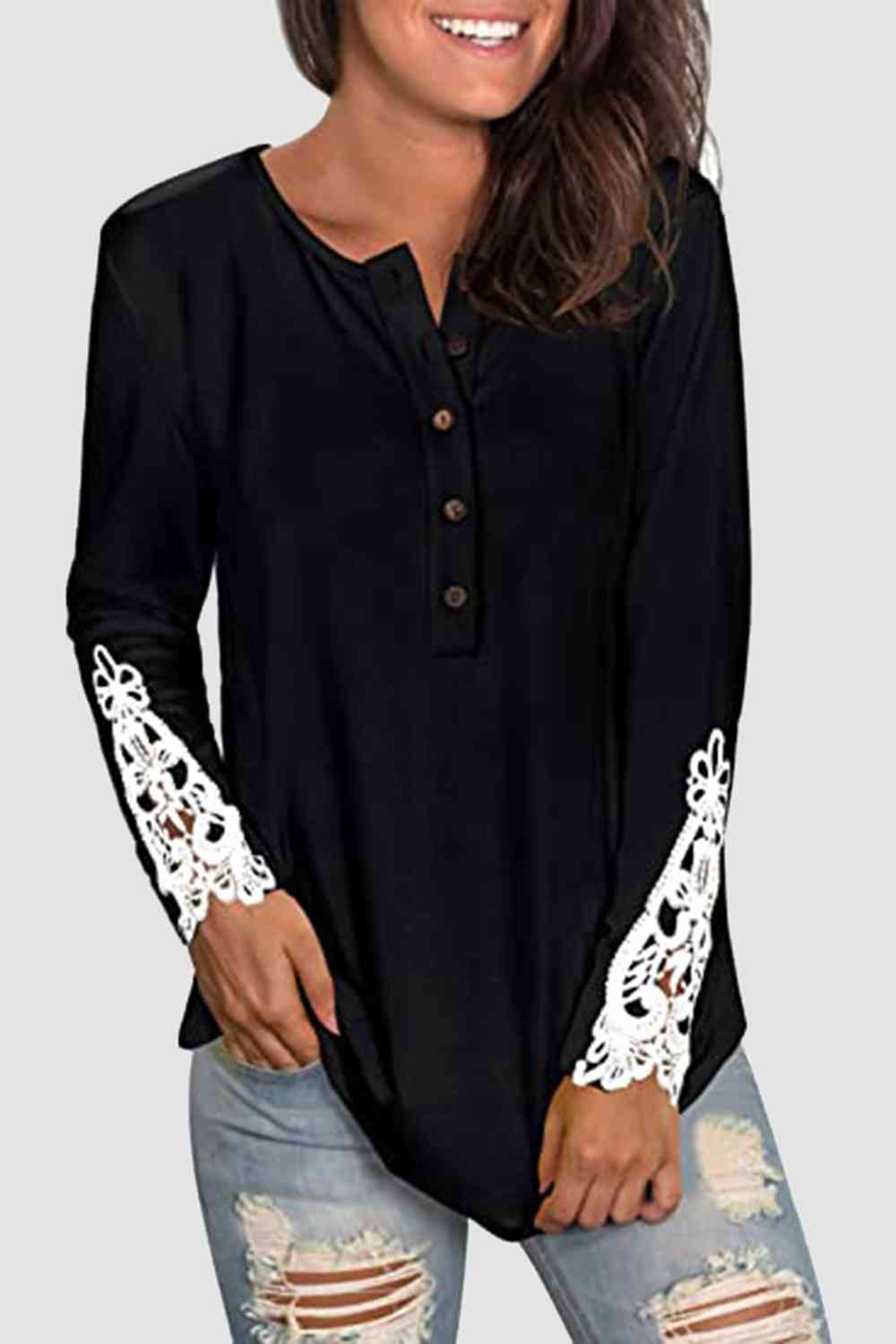 Lace Detail Button Front T-Shirt