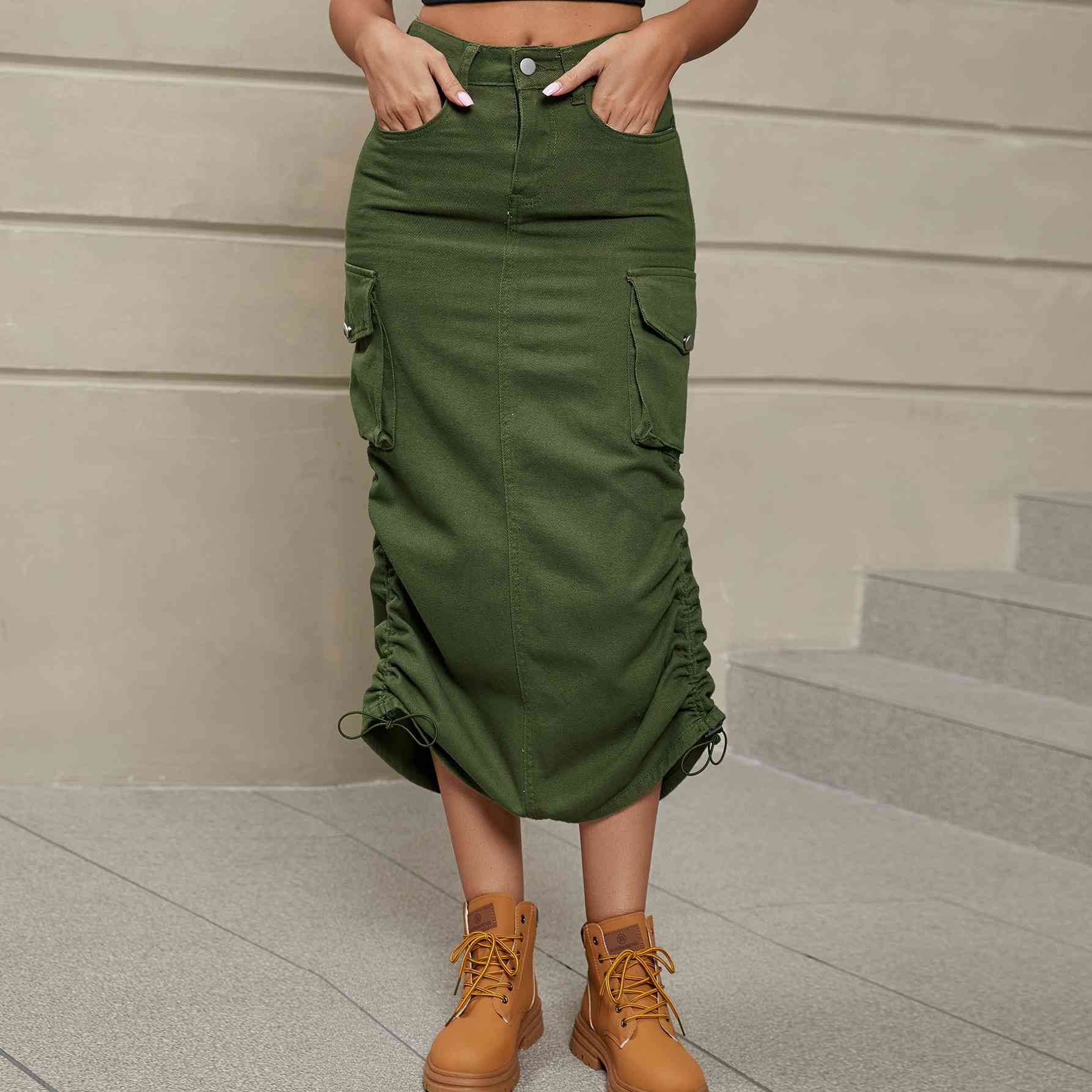 Drawstring Ruched Slit Denim Midi Skirt - Create the impossible