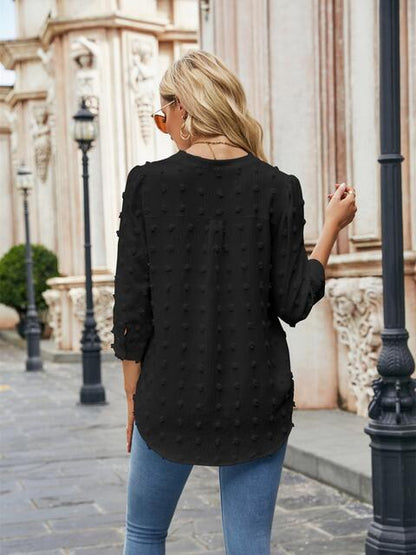 Swiss Dot Notched Neck Blouse