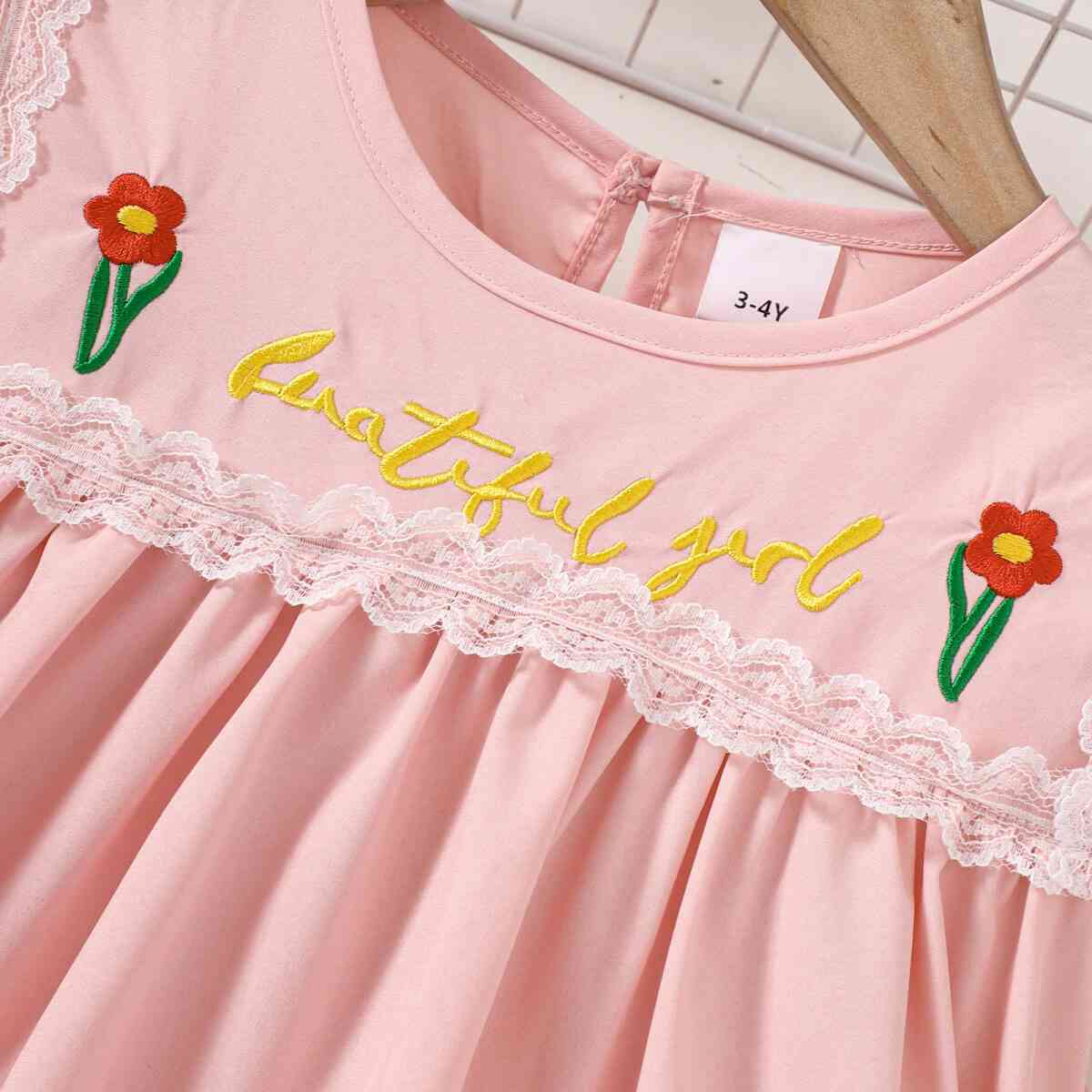 Girls Embroidered Lace Trim Round Neck Dress