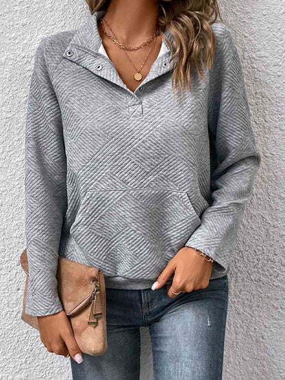 Half Buttoned Collared Neck Sweatshirt with Pocket - Create the impossible