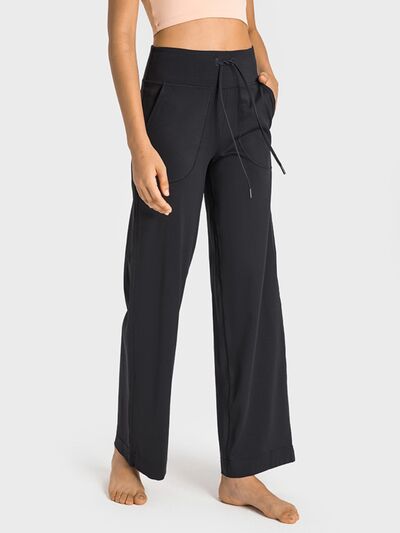 Drawstring Waist Wide Leg Sports Pants with Pockets