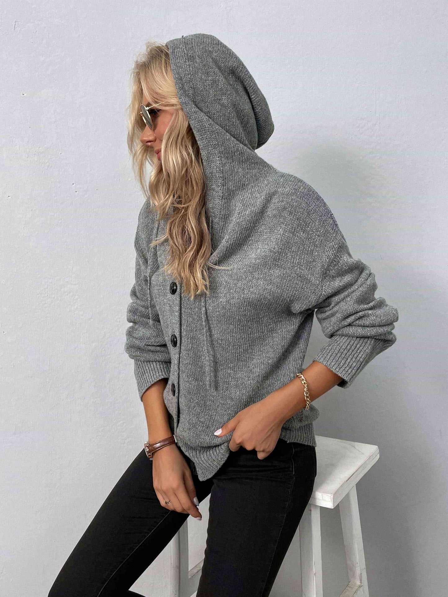 Button-Down Long Sleeve Hooded Sweater - Create the impossible