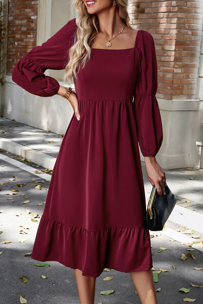 Square Neck Balloon Sleeve Midi Dress