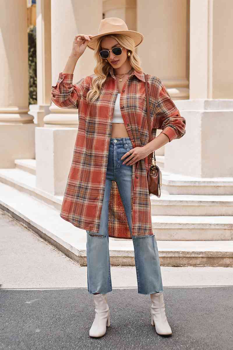 Plaid Collared Neck Long Sleeve Coat