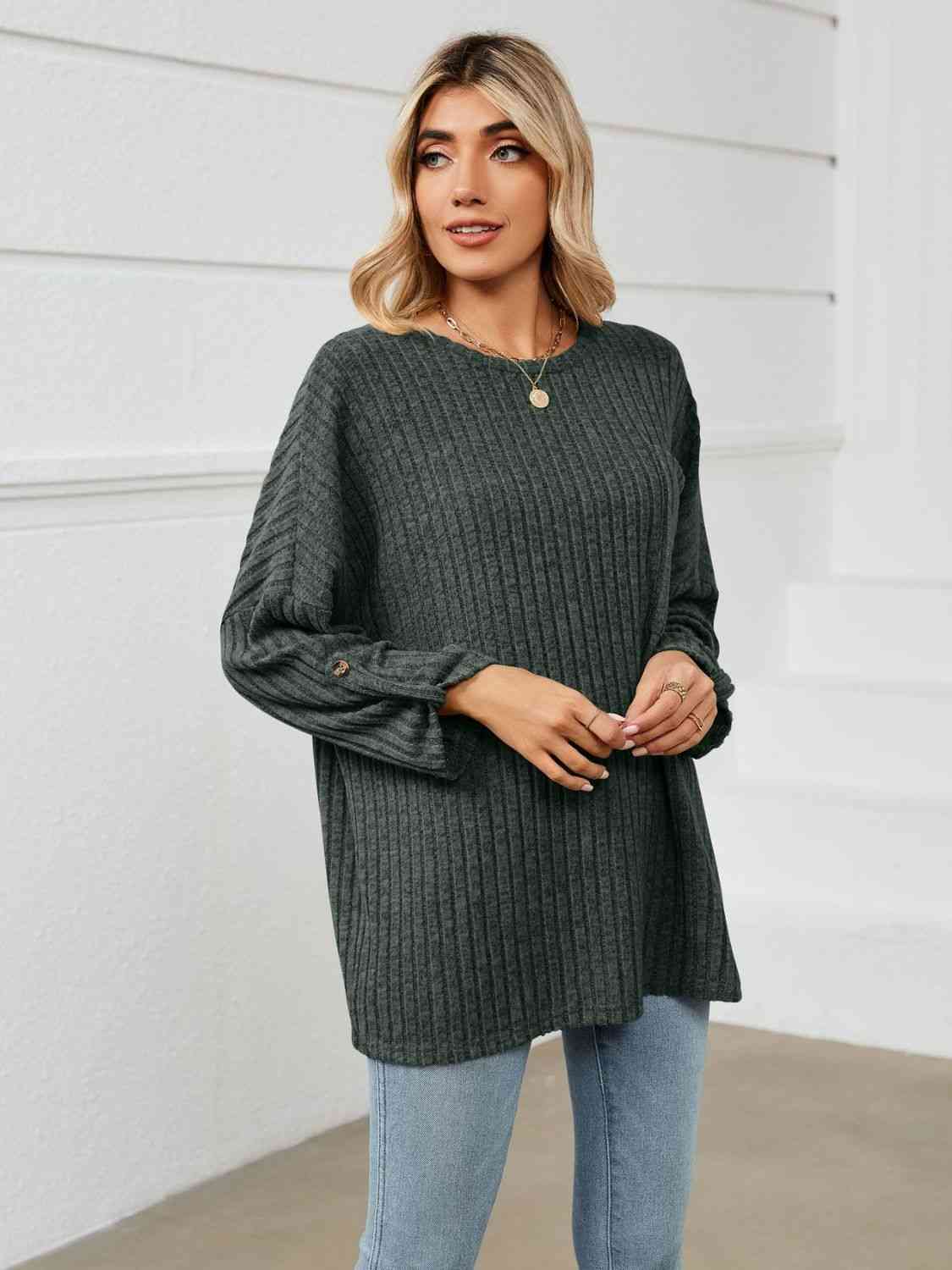 Round Neck Ribbed Long Sleeve T-Shirt