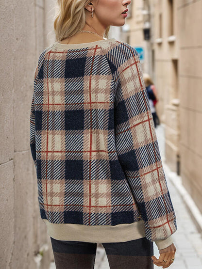 Plaid Round Neck Long Sleeve Sweatshirt