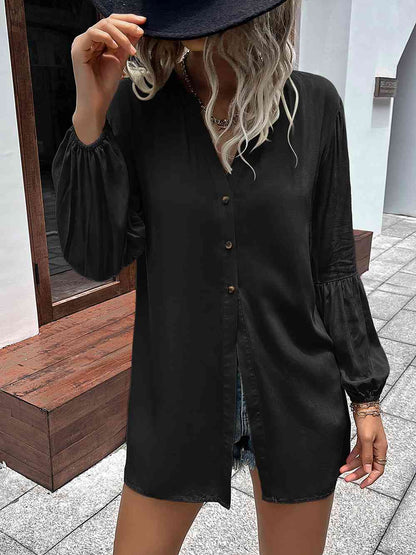 Double Take Notched Neck Balloon Sleeve Shirt