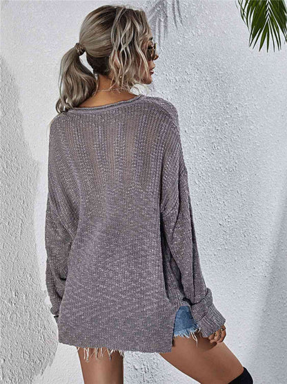 Notched Neck Slit Knit Top