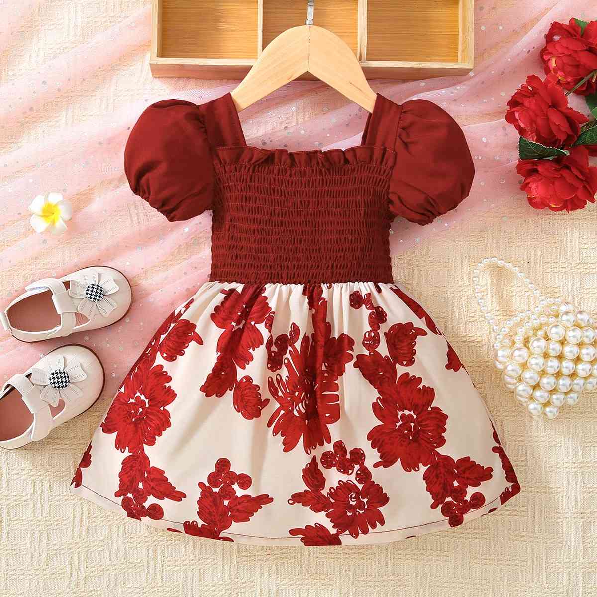 Baby Girl Floral Frill Trim Square Neck Smocked Dress