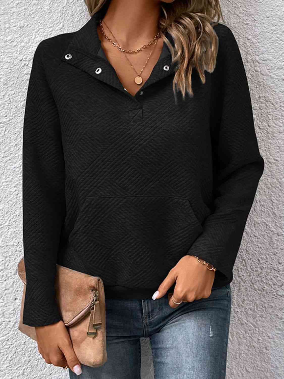Half Buttoned Collared Neck Sweatshirt with Pocket - Create the impossible