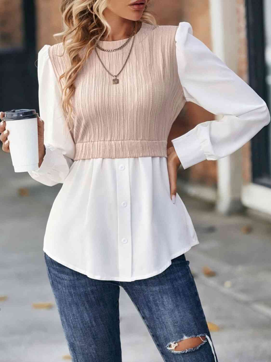 Contrast Round Neck Puff Sleeve Blouse - Create the impossible