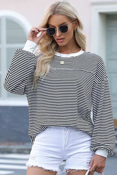 Striped Round Neck Dropped Shoulder Sweatshirt