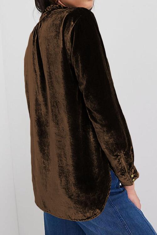 Notched Neck Buttoned Long Sleeve Velvet Blouse - Create the impossible