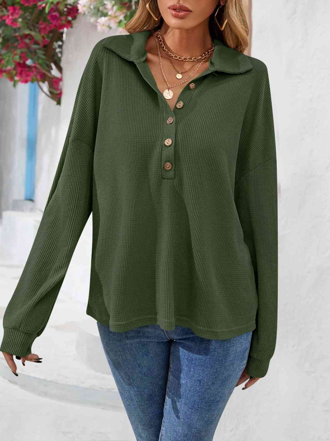 Half Button Collared Neck Long Sleeve Top