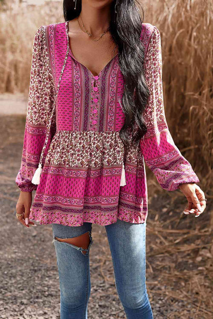 Tassel Tie Long Sleeve Peplum Blouse - Create the impossible