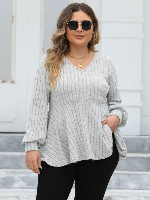 Plus Size Ribbed V-Neck Long Sleeve Blouse - Create the impossible