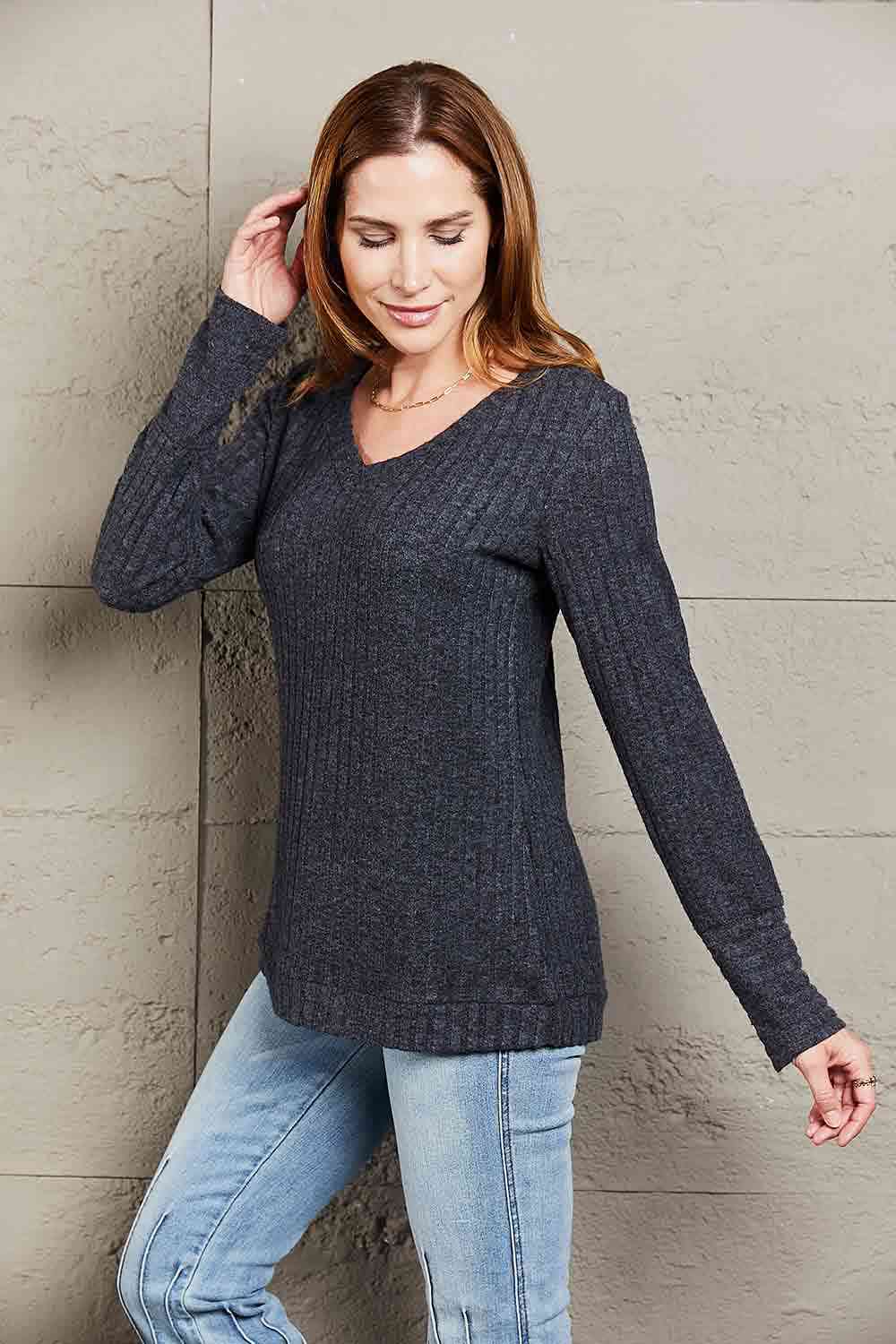 Double Take V-Neck Long Sleeve Ribbed Top - Create the impossible