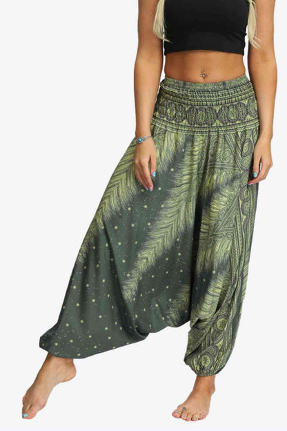 Printed Smocked Waist Harem Pants