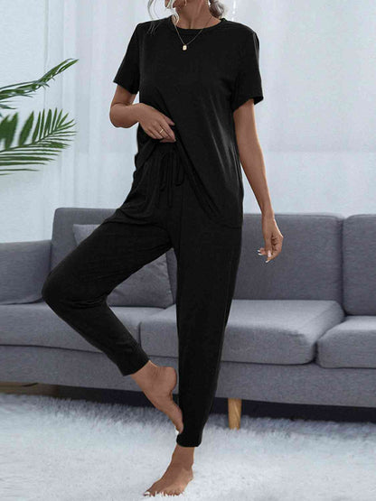 Round Neck Short Sleeve Top and Pants Set