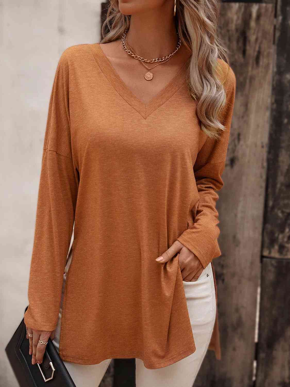 V-Neck Long Sleeve Slit Top