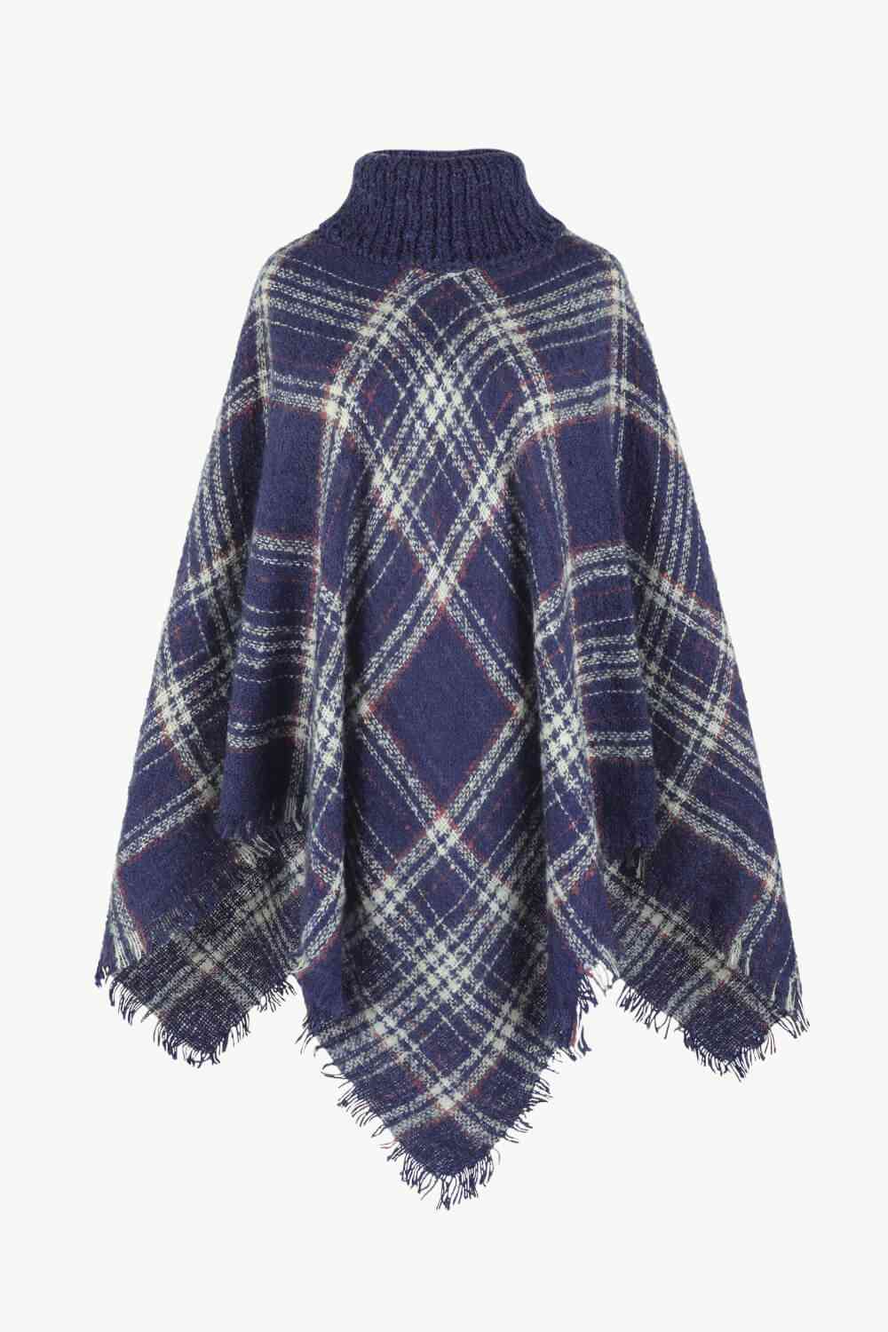 Plaid Turtleneck Fringe Hem Poncho