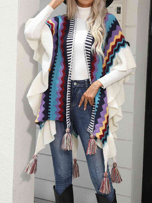 Striped Open Front Poncho with Tassels