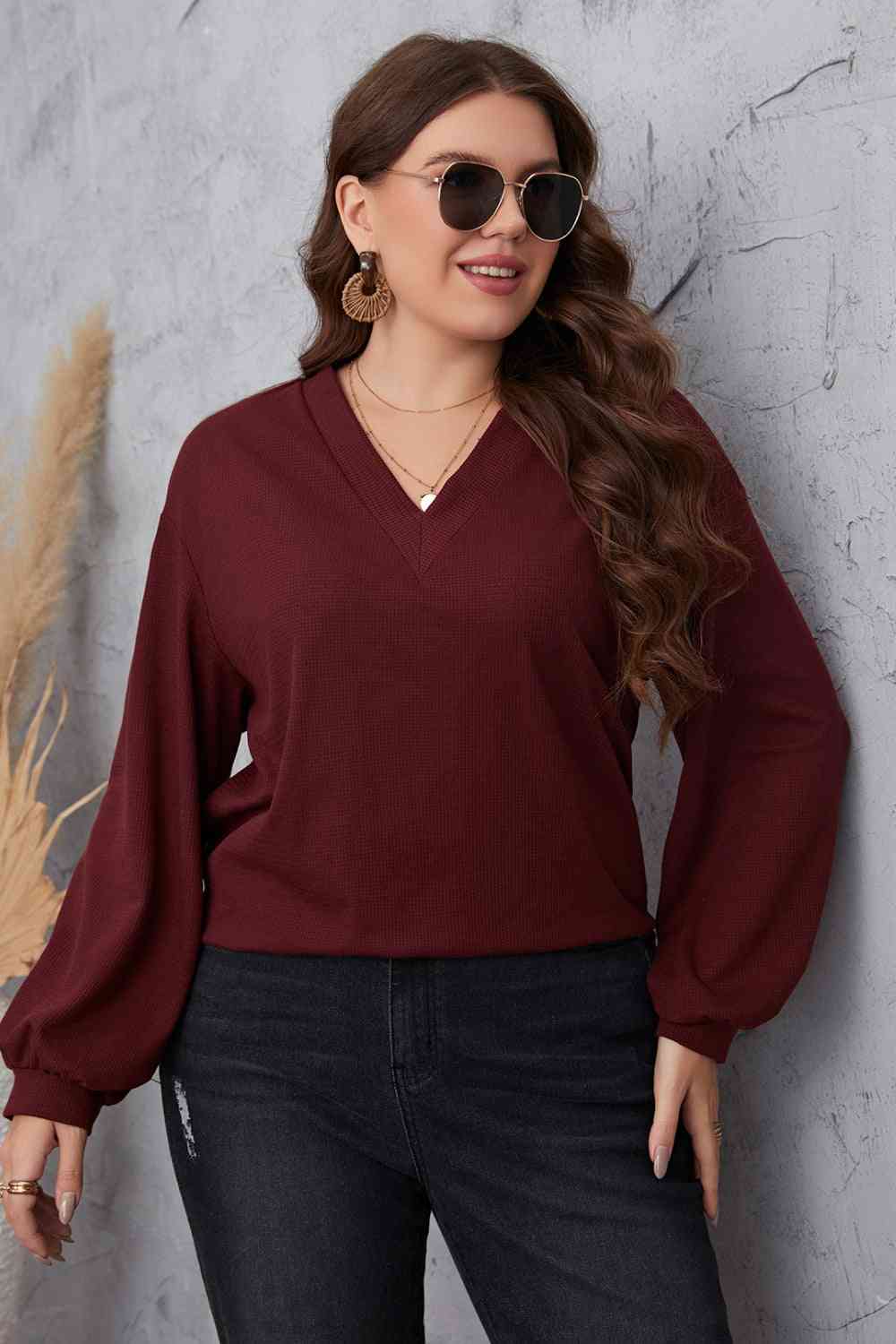 Melo Apparel Plus Size V-Neck Dropped Shoulder Blouse - Create the impossible