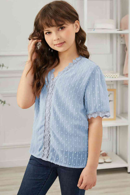 Girls Swiss Dot Spliced Lace Blouse