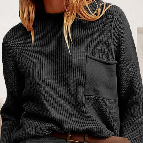 Ribbed Dropped Shoulder Sweater with Pocket