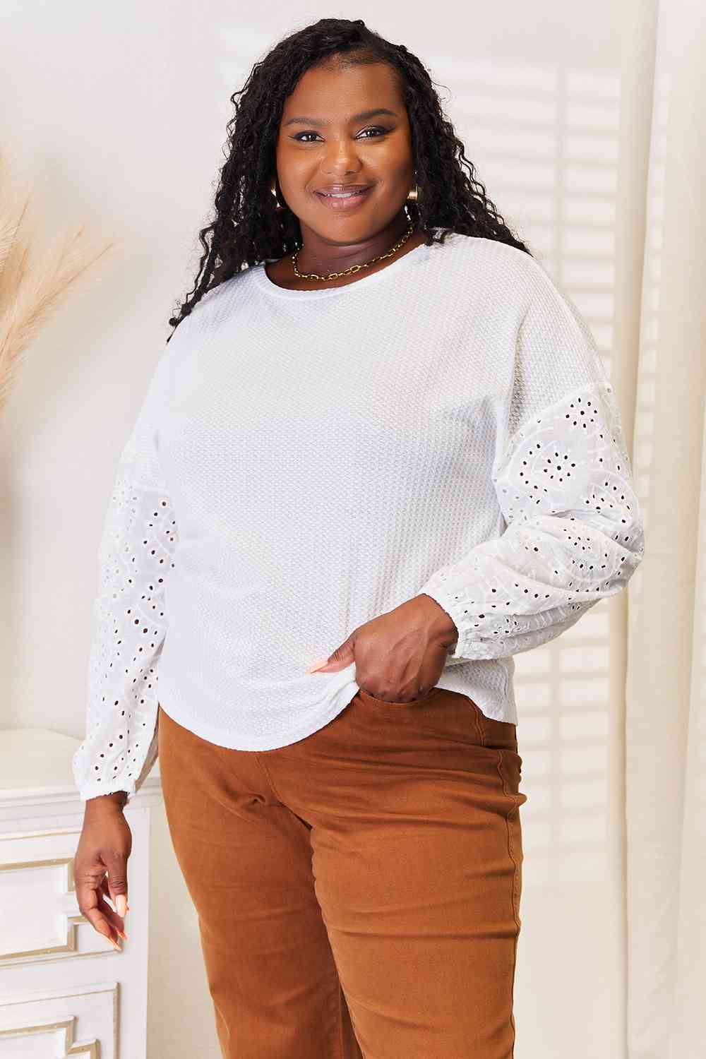 Double Take Eyelet Dropped Shoulder Round Neck Blouse - Create the impossible