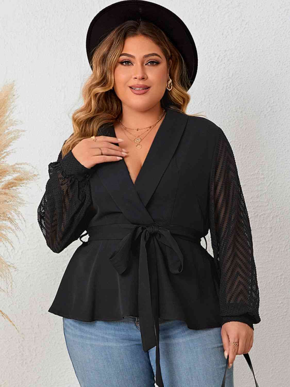 Plus Size Tie Waist Long Sleeve Blouse - Create the impossible