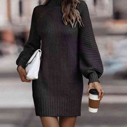 Mock Neck Lantern Sleeve Sweater Dress