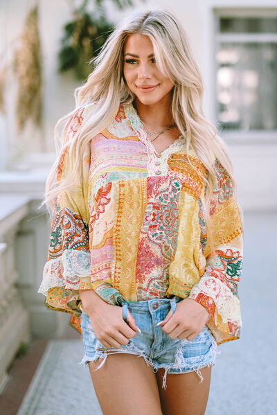 Double Take Printed Lace Trim Buttoned Blouse - Create the impossible