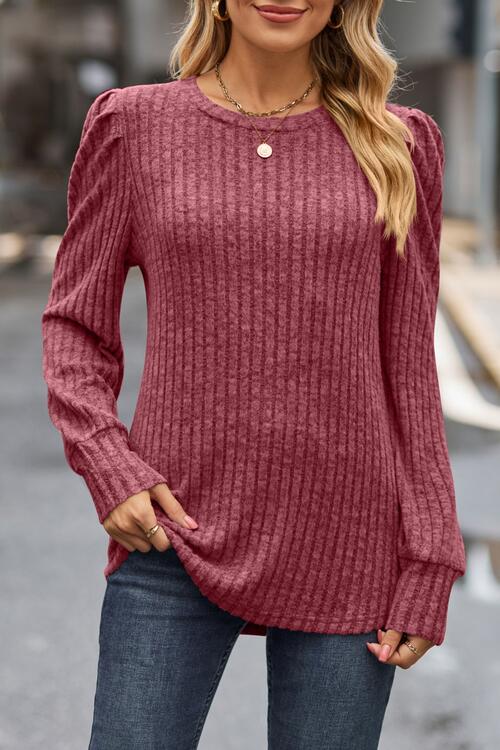 Ribbed Round Neck Long Sleeve Knit Top